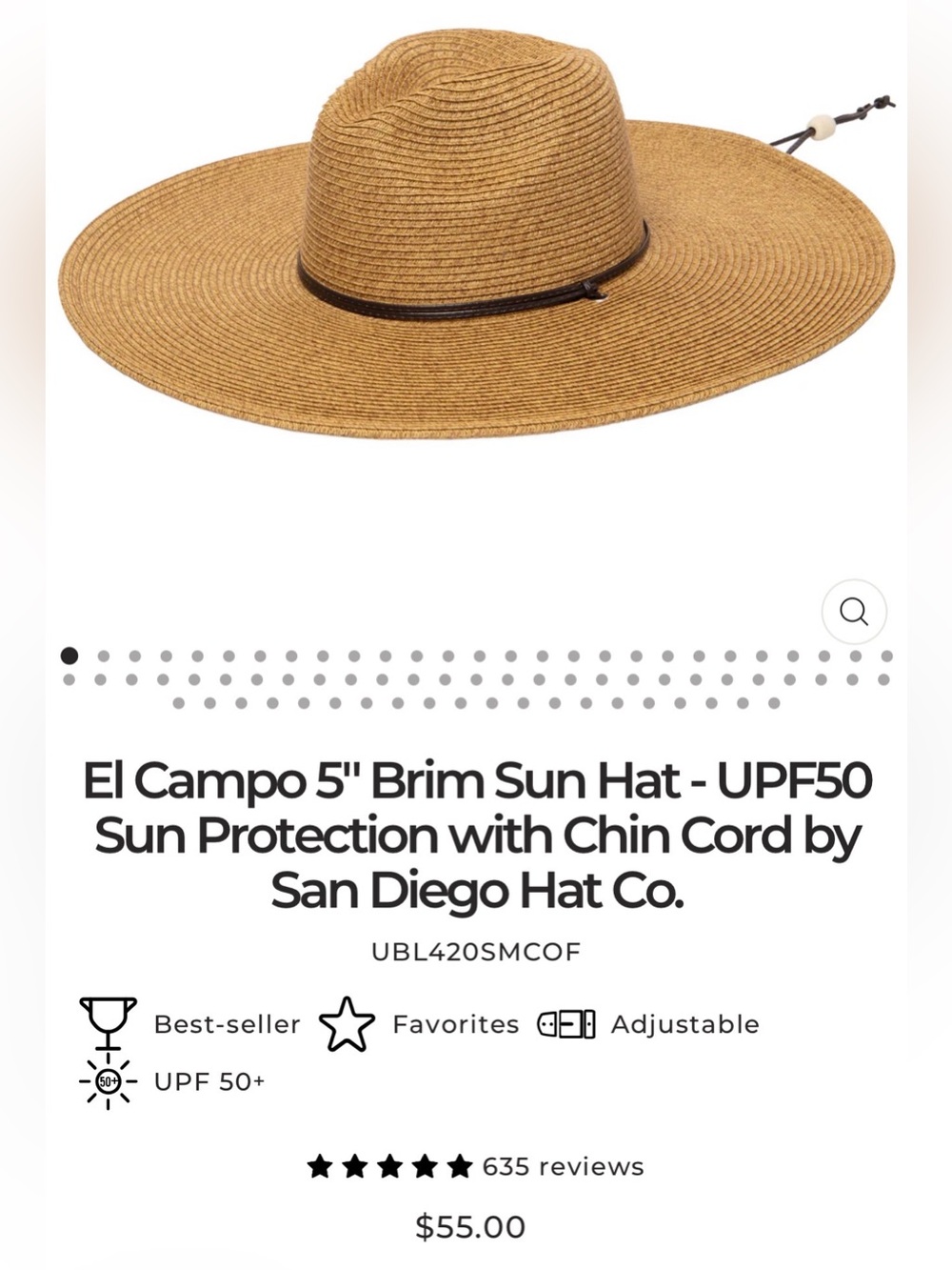 San Diego Hat Co. El Campo 5” Brim Sun Hat UPF 50+ Adjustable Chin Cord Medium
